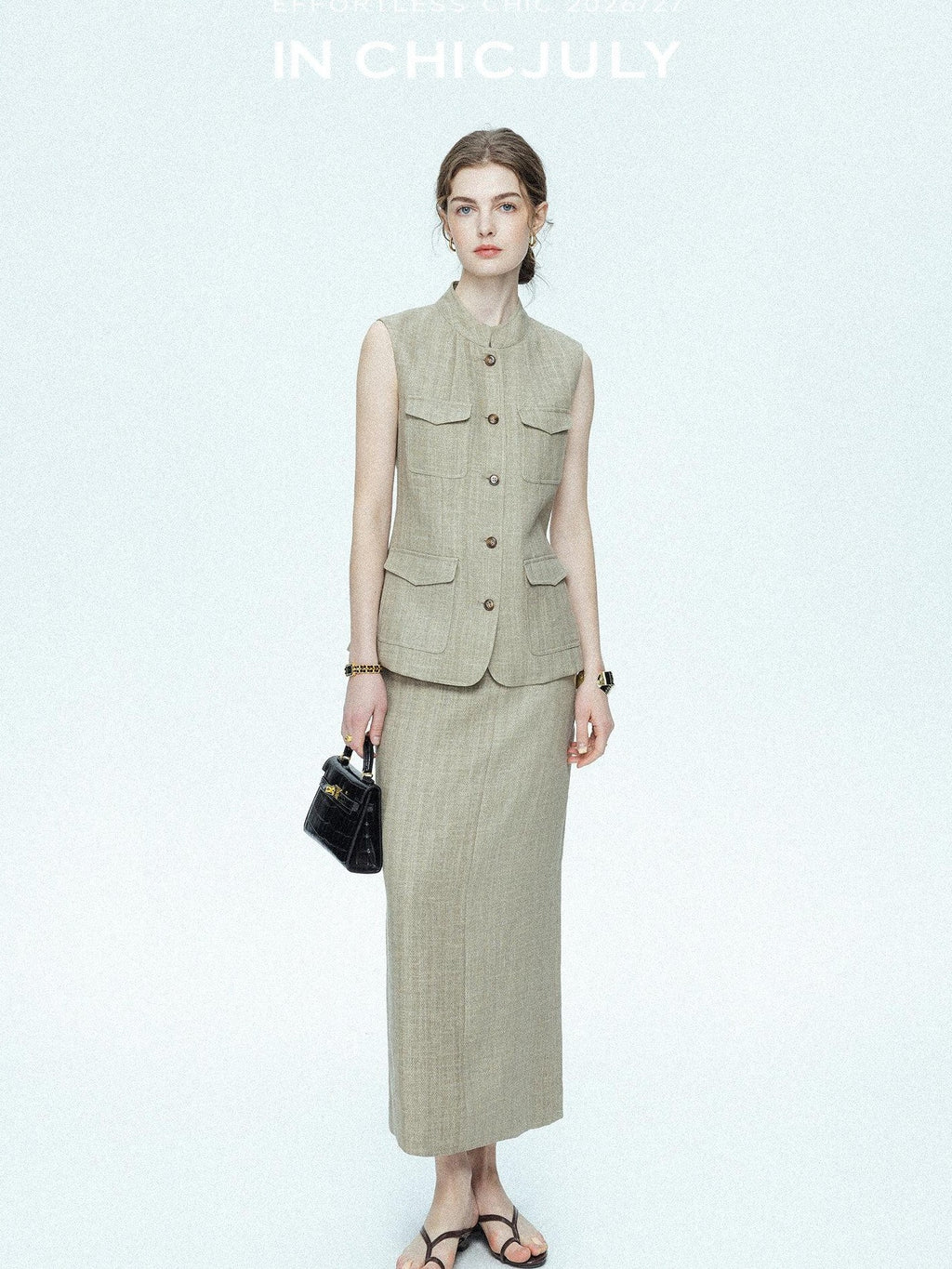 chicjuly Old Money Stand Collar Vest High Waist Skirt Women's Brown Skirt Suits