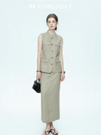 chicjuly Old Money Stand Collar Vest High Waist Skirt Women's Brown Skirt Suits
