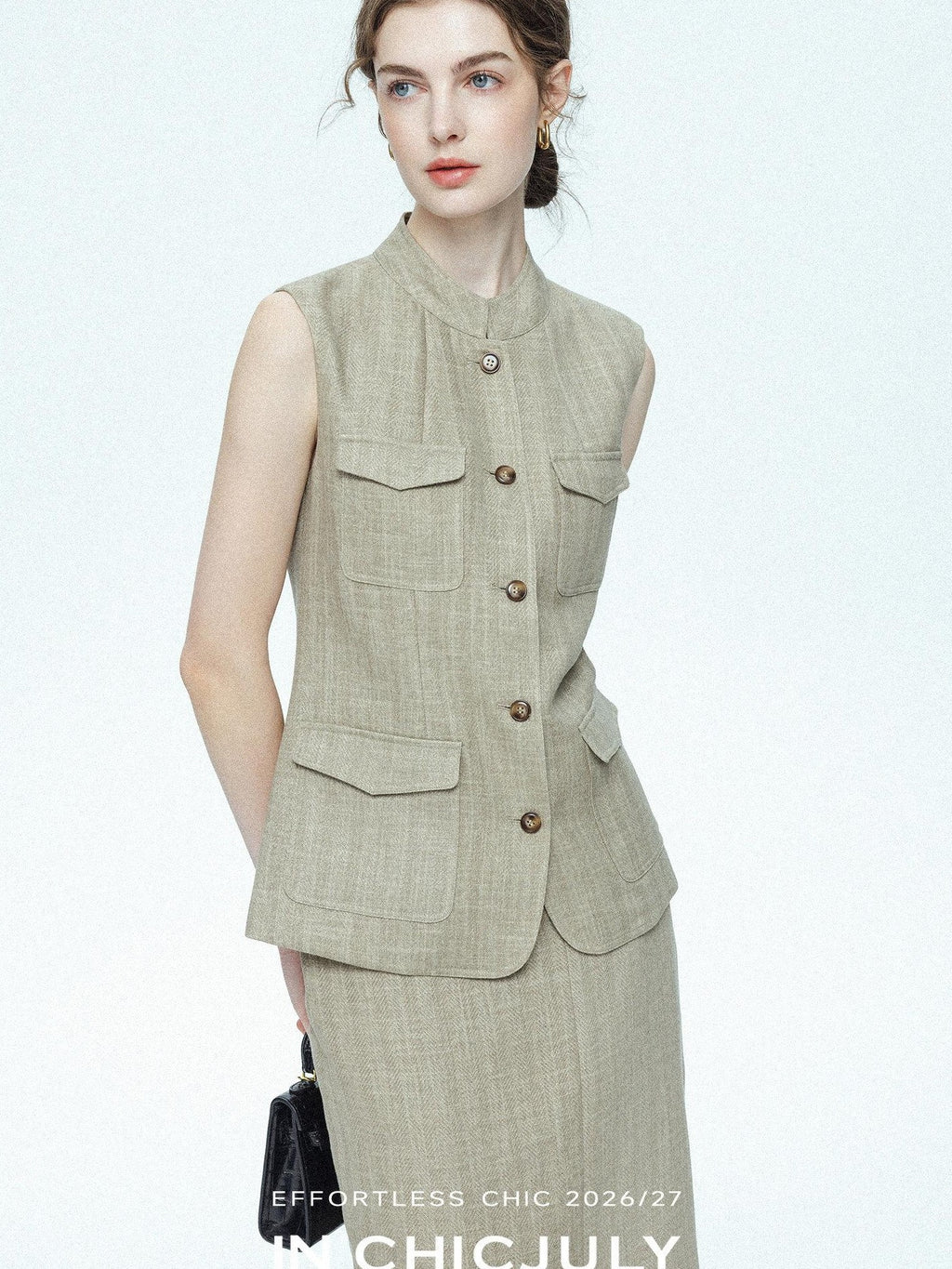 chicjuly Old Money Stand Collar Vest High Waist Skirt Women's Brown Skirt Suits
