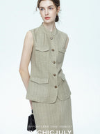 chicjuly Old Money Stand Collar Vest High Waist Skirt Women's Brown Skirt Suits