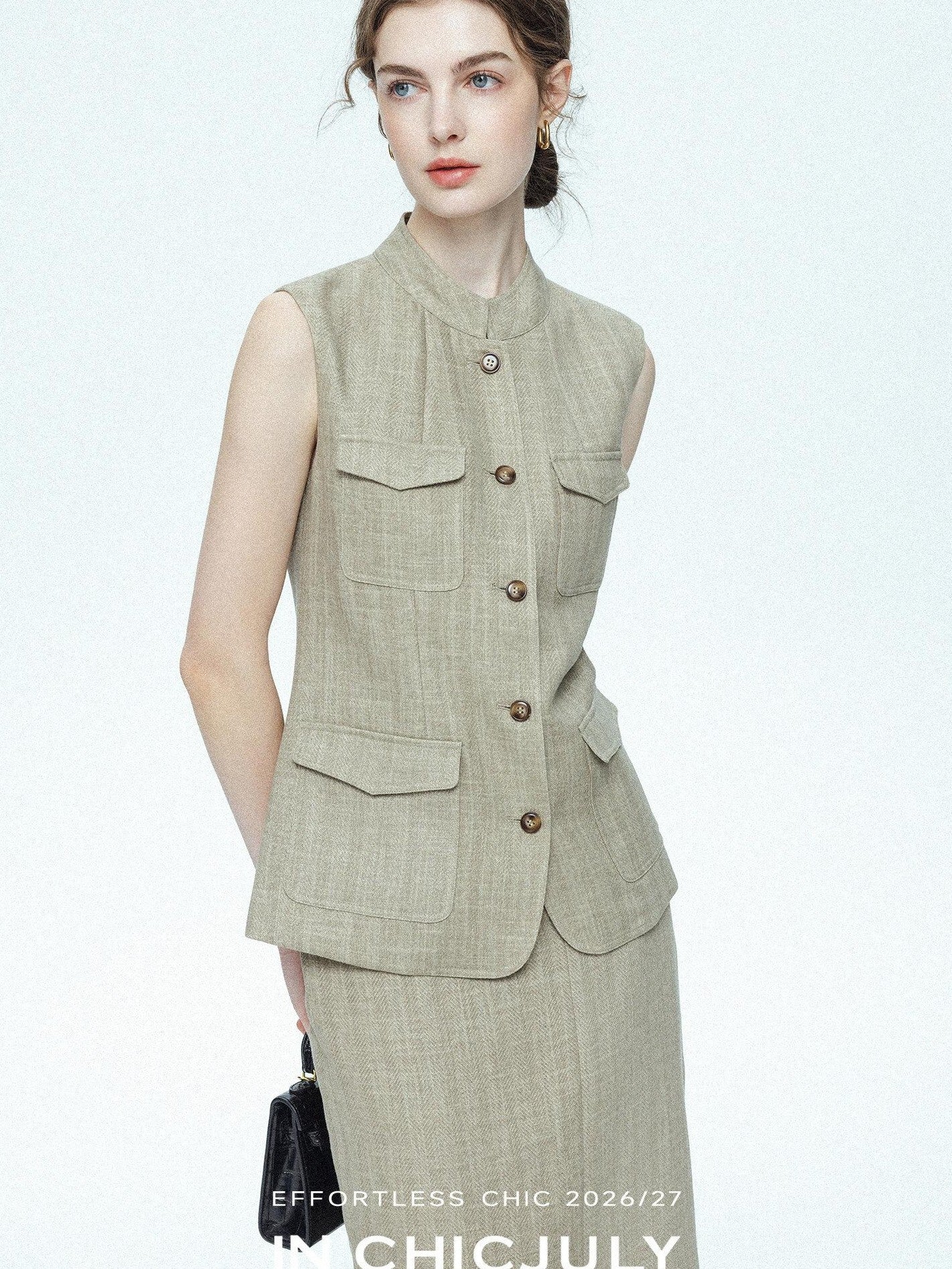 chicjuly Old Money Stand Collar Vest High Waist Skirt Women's Brown Skirt Suits