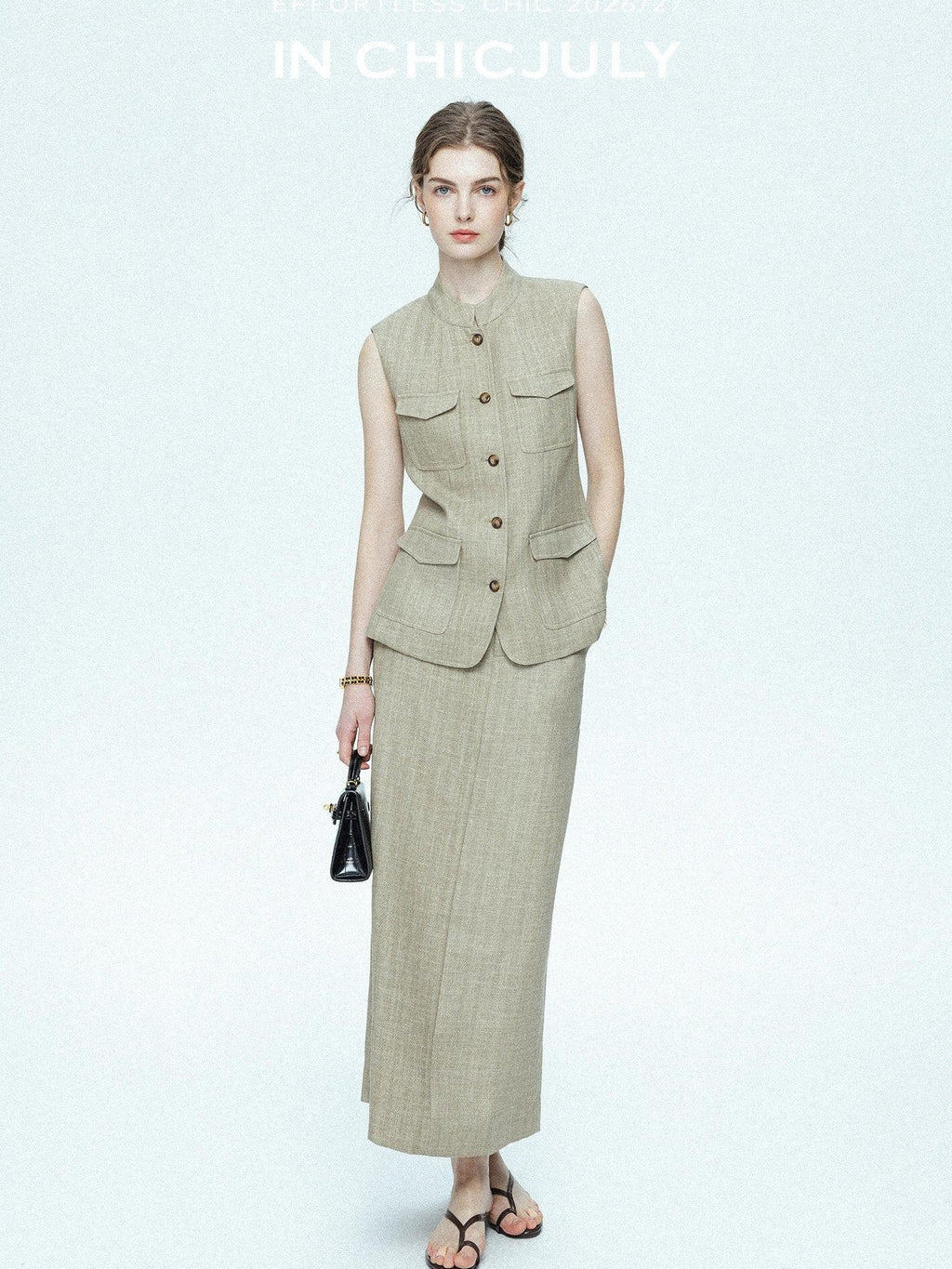 chicjuly Old Money Stand Collar Vest High Waist Skirt Women's Brown Skirt Suits