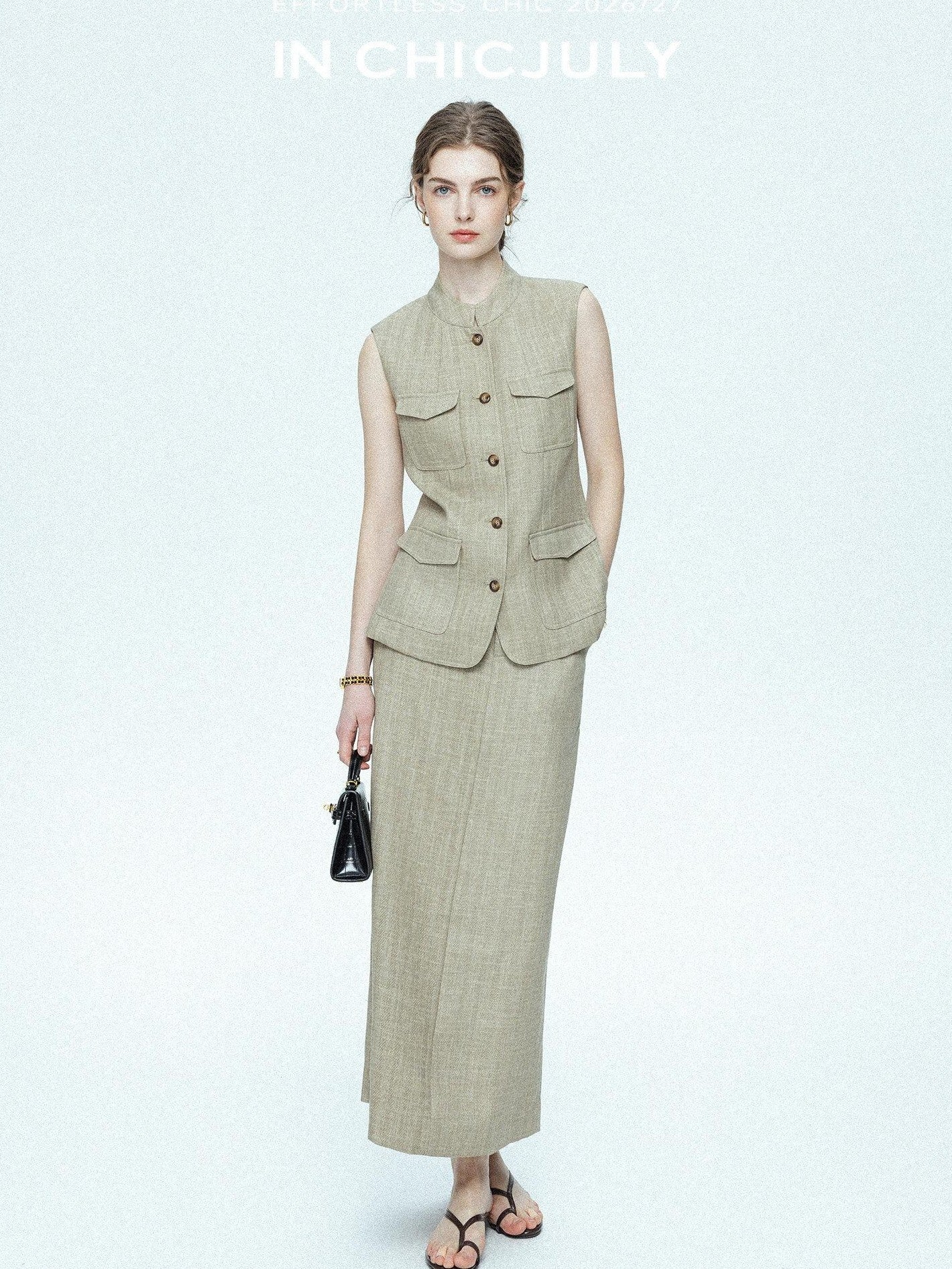 chicjuly Old Money Stand Collar Vest High Waist Skirt Women's Brown Skirt Suits