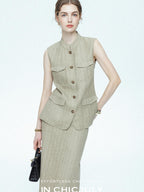 chicjuly Old Money Stand Collar Vest High Waist Skirt Women's Brown Skirt Suits