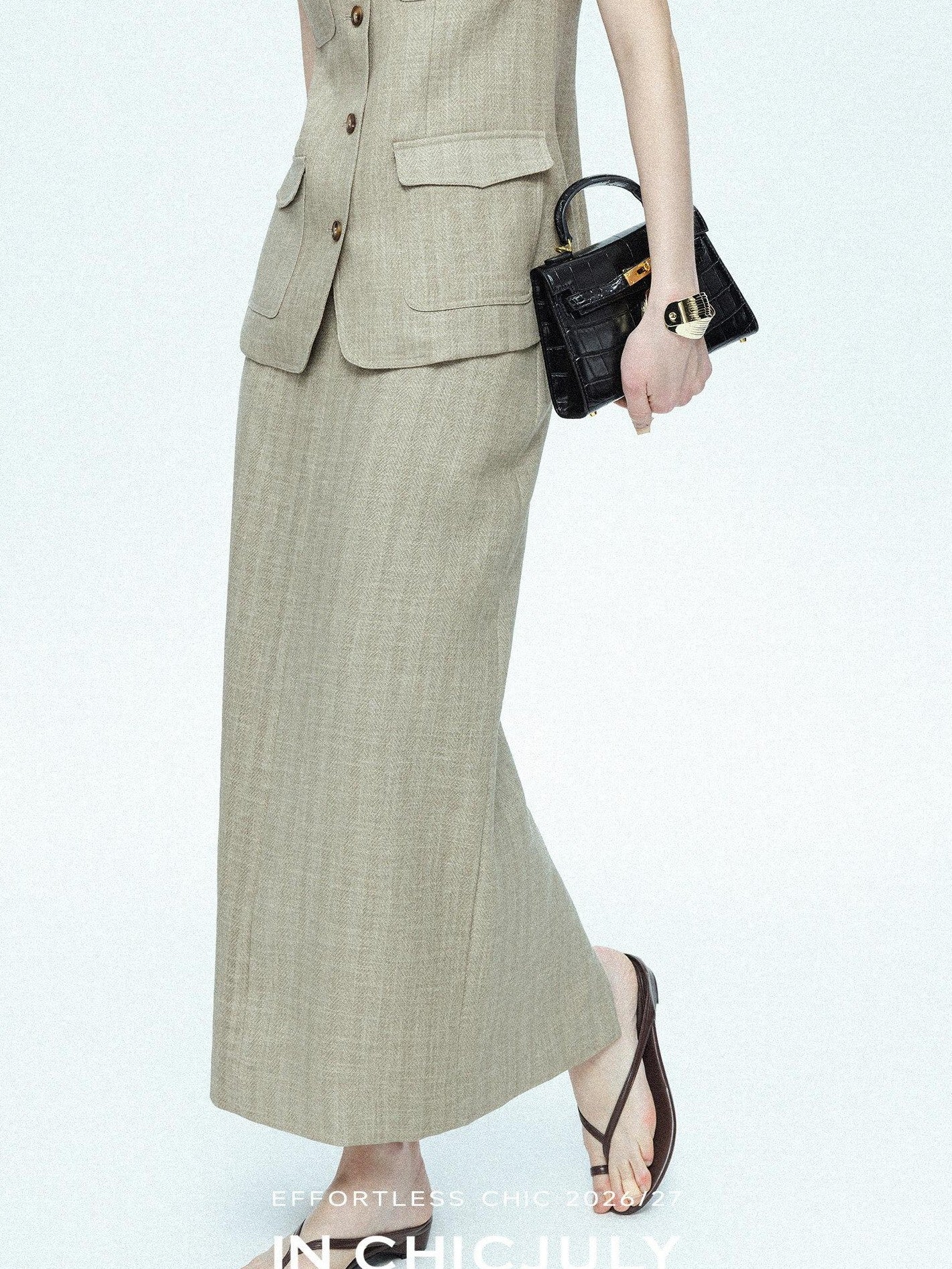 chicjuly Old Money Stand Collar Vest High Waist Skirt Women's Brown Skirt Suits