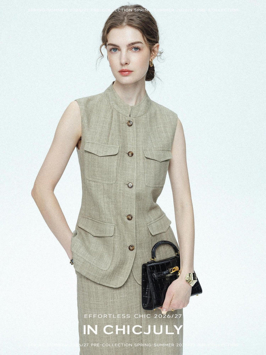 chicjuly Old Money Stand Collar Vest High Waist Skirt Women's Brown Skirt Suits