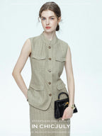 chicjuly Old Money Stand Collar Vest High Waist Skirt Women's Brown Skirt Suits