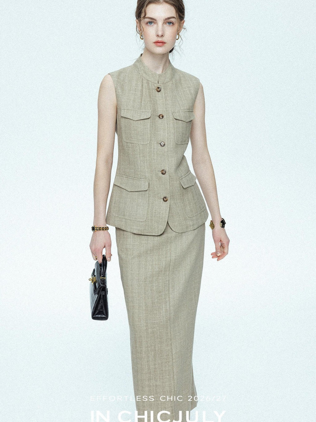 chicjuly Old Money Stand Collar Vest High Waist Skirt Women's Brown Skirt Suits