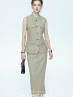 chicjuly Old Money Stand Collar Vest High Waist Skirt Women's Brown Skirt Suits