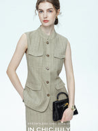 chicjuly Old Money Stand Collar Vest High Waist Skirt Women's Brown Skirt Suits