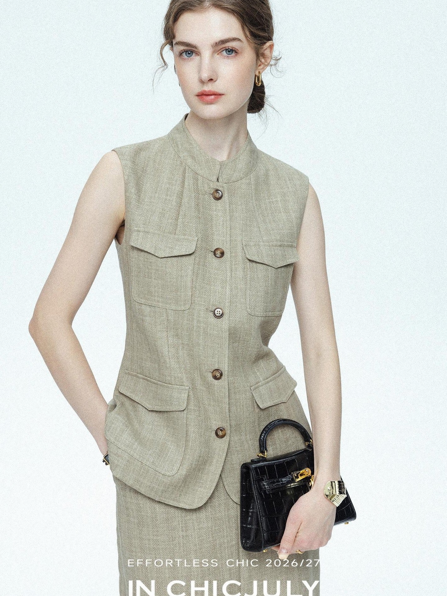 chicjuly Old Money Stand Collar Vest High Waist Skirt Women's Brown Skirt Suits