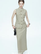 chicjuly Old Money Stand Collar Vest High Waist Skirt Women's Brown Skirt Suits