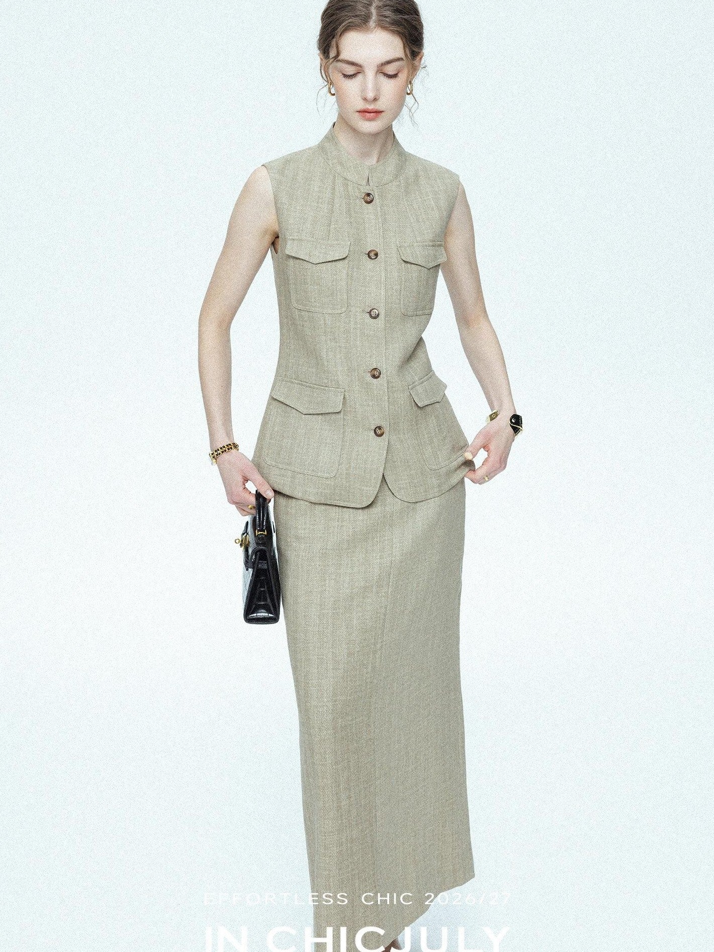 chicjuly Old Money Stand Collar Vest High Waist Skirt Women's Brown Skirt Suits