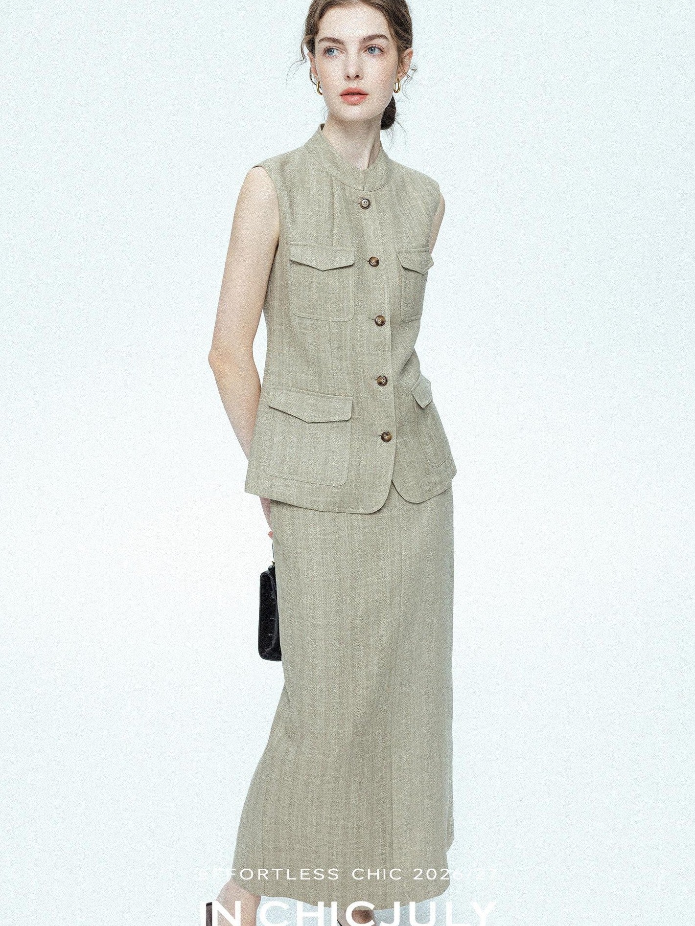 chicjuly Old Money Stand Collar Vest High Waist Skirt Women's Brown Skirt Suits