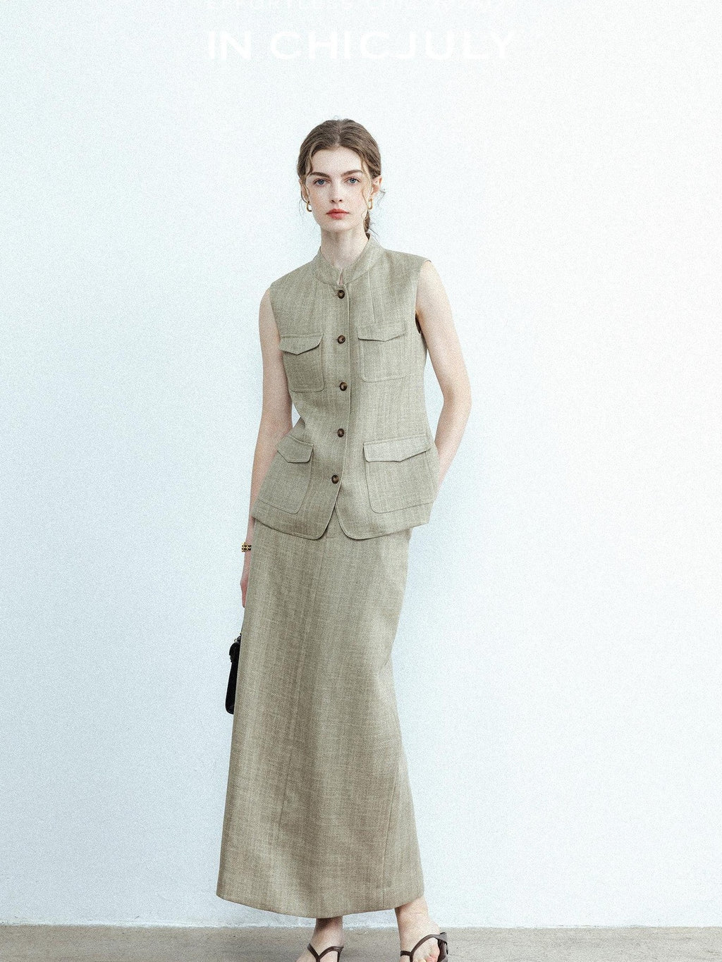 chicjuly Old Money Stand Collar Vest High Waist Skirt Women's Brown Skirt Suits