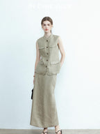 chicjuly Old Money Stand Collar Vest High Waist Skirt Women's Brown Skirt Suits