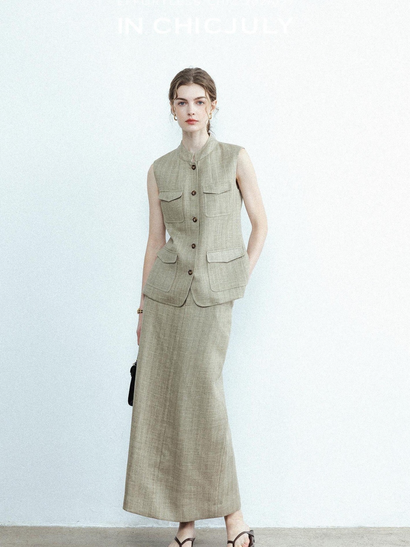 chicjuly Old Money Stand Collar Vest High Waist Skirt Women's Brown Skirt Suits