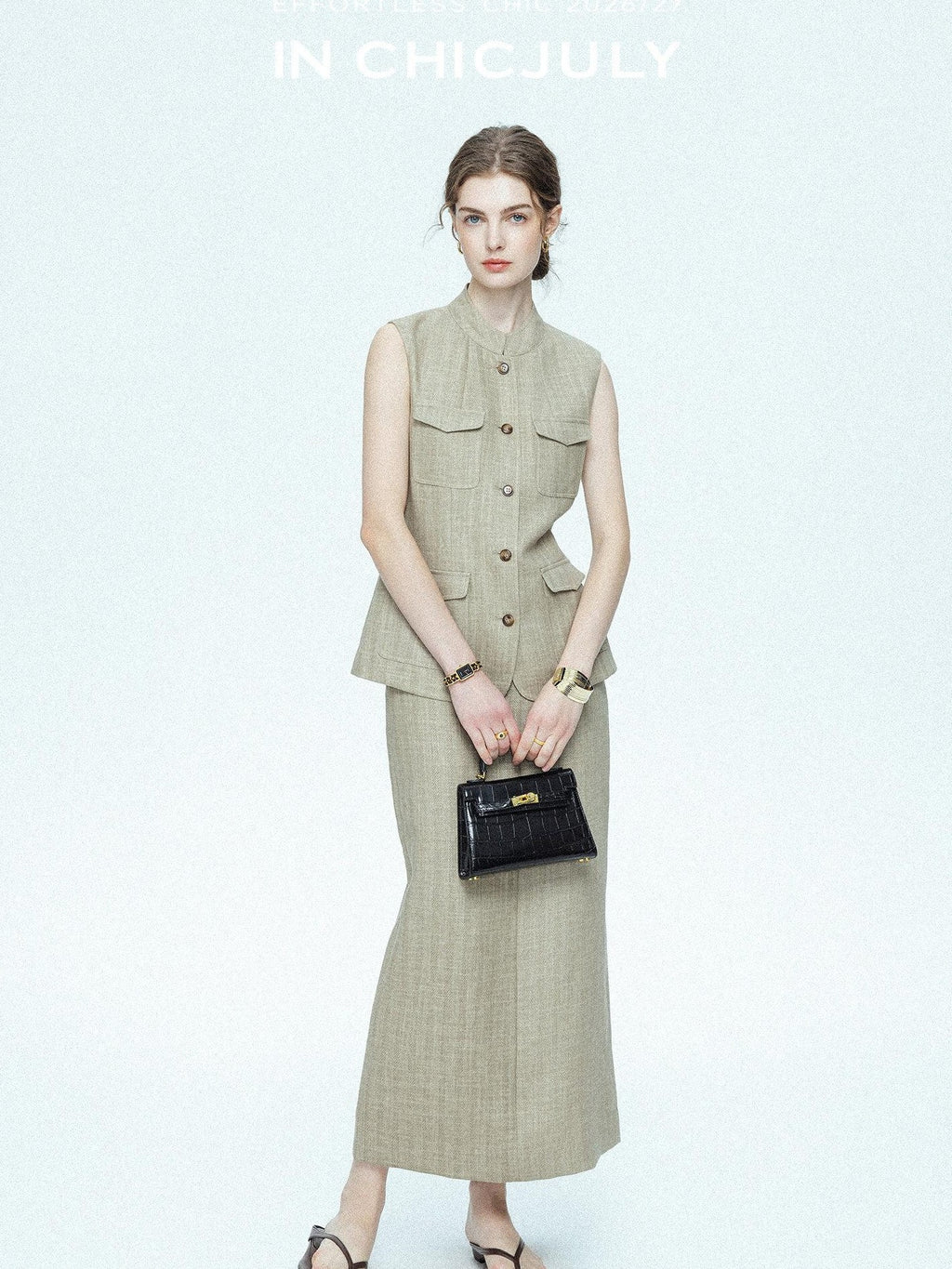 chicjuly Old Money Stand Collar Vest High Waist Skirt Women's Brown Skirt Suits