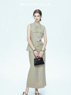 chicjuly Old Money Stand Collar Vest High Waist Skirt Women's Brown Skirt Suits