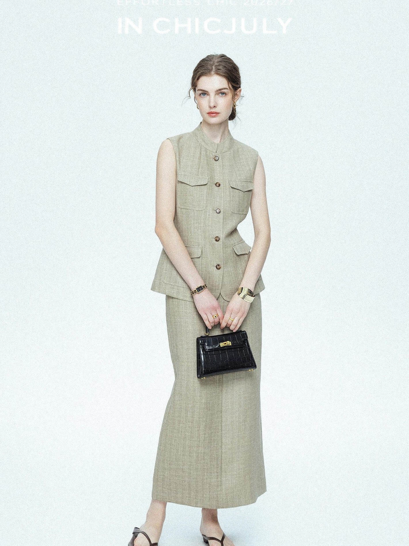 chicjuly Old Money Stand Collar Vest High Waist Skirt Women's Brown Skirt Suits