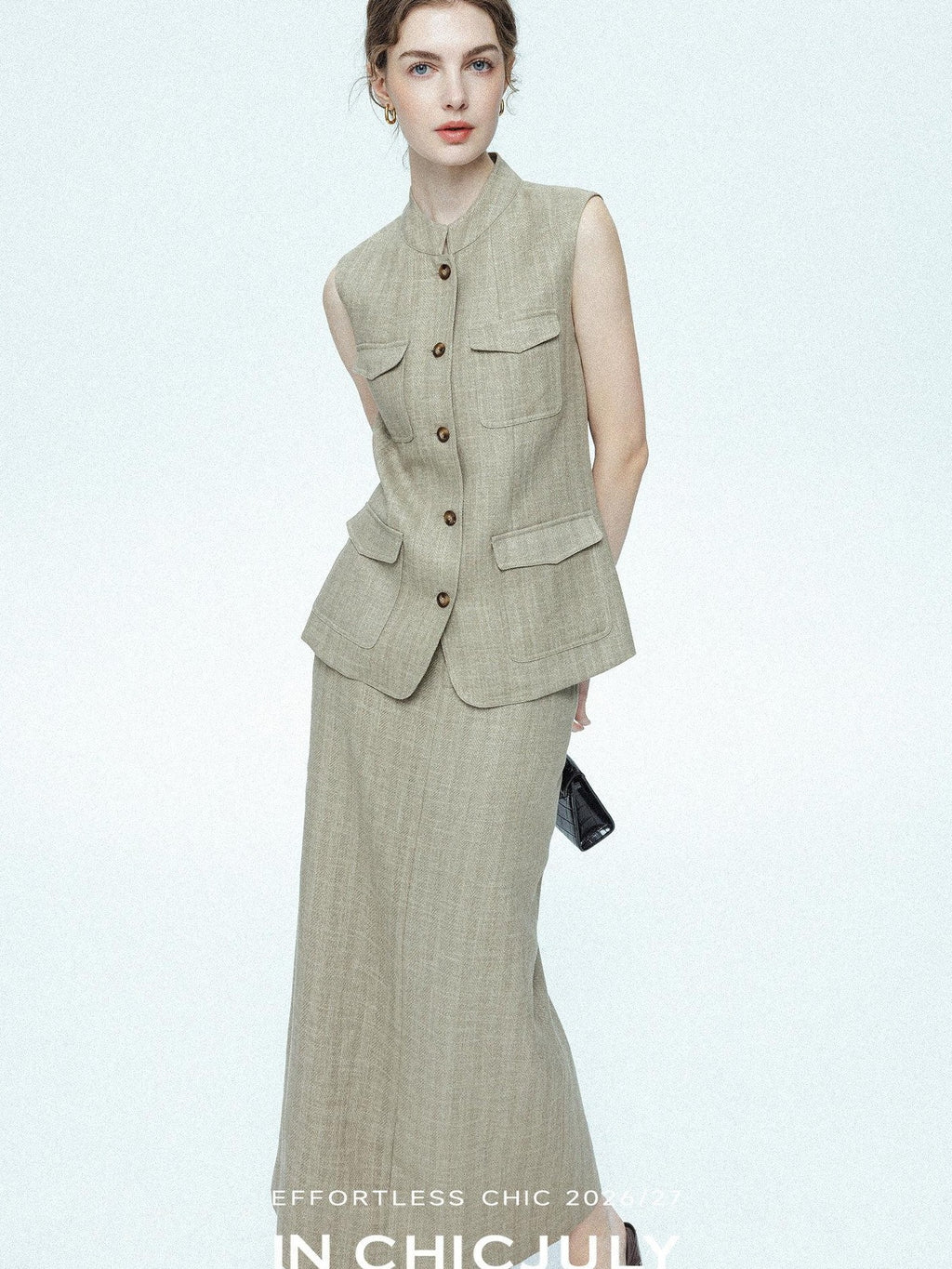 chicjuly Old Money Stand Collar Vest High Waist Skirt Women's Brown Skirt Suits