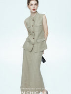 chicjuly Old Money Stand Collar Vest High Waist Skirt Women's Brown Skirt Suits