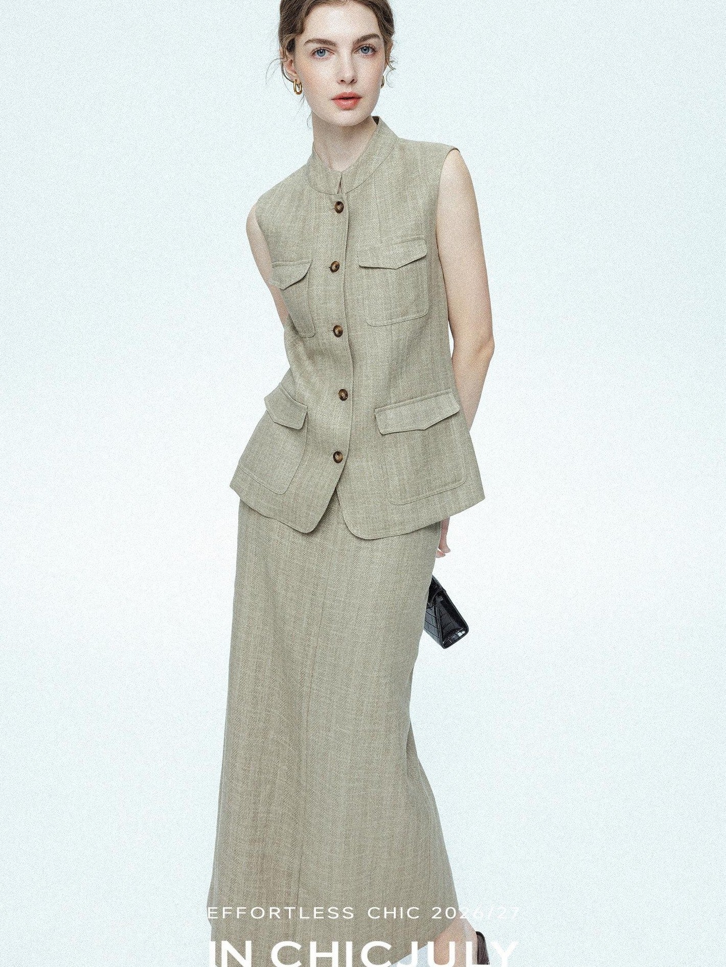 chicjuly Old Money Stand Collar Vest High Waist Skirt Women's Brown Skirt Suits