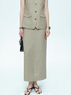 chicjuly Old Money Stand Collar Vest High Waist Skirt Women's Brown Skirt Suits