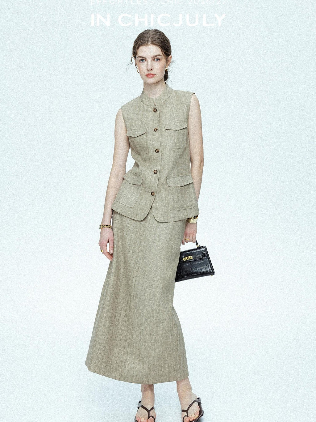 chicjuly Old Money Stand Collar Vest High Waist Skirt Women's Brown Skirt Suits