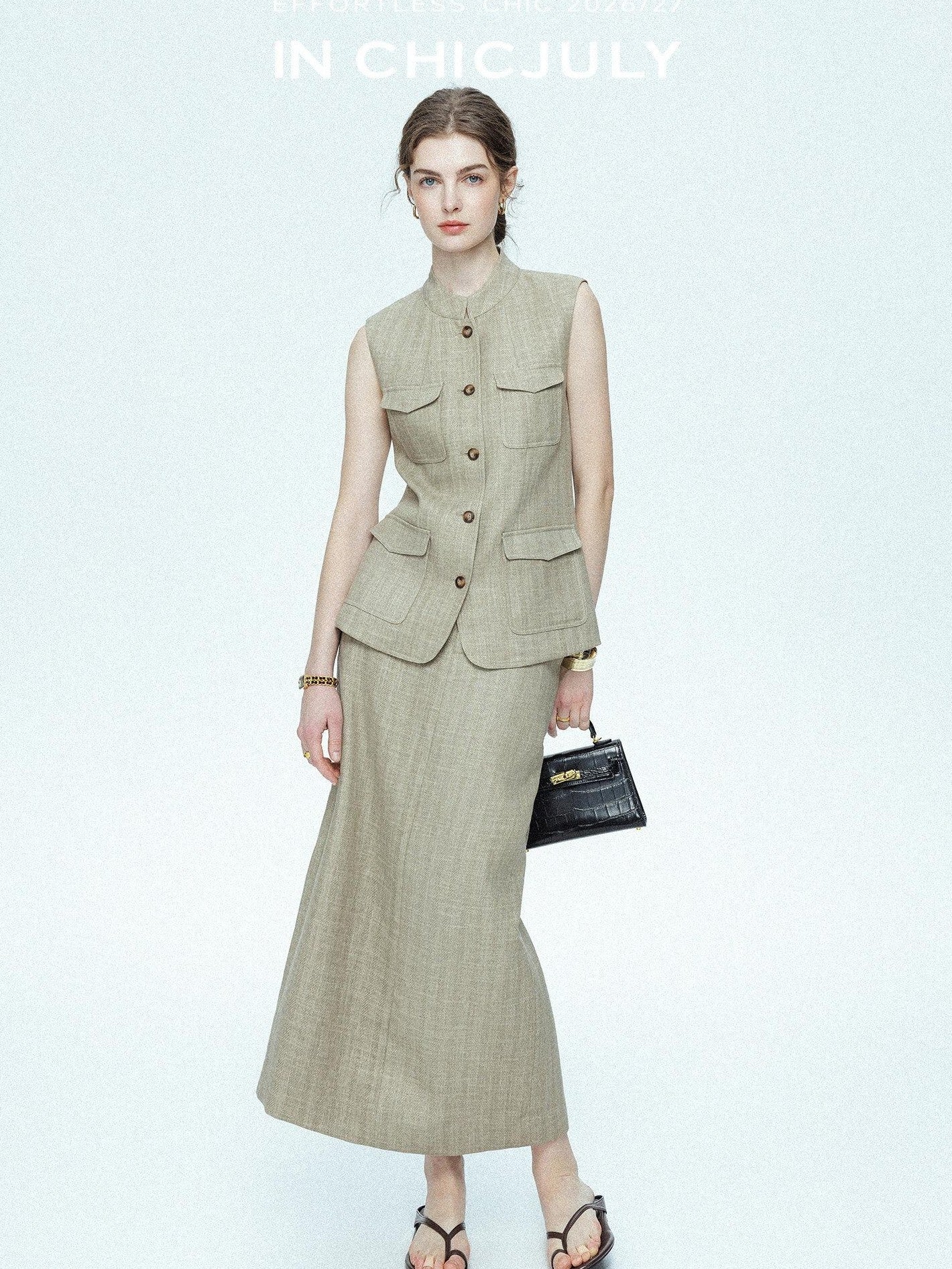 chicjuly Old Money Stand Collar Vest High Waist Skirt Women's Brown Skirt Suits