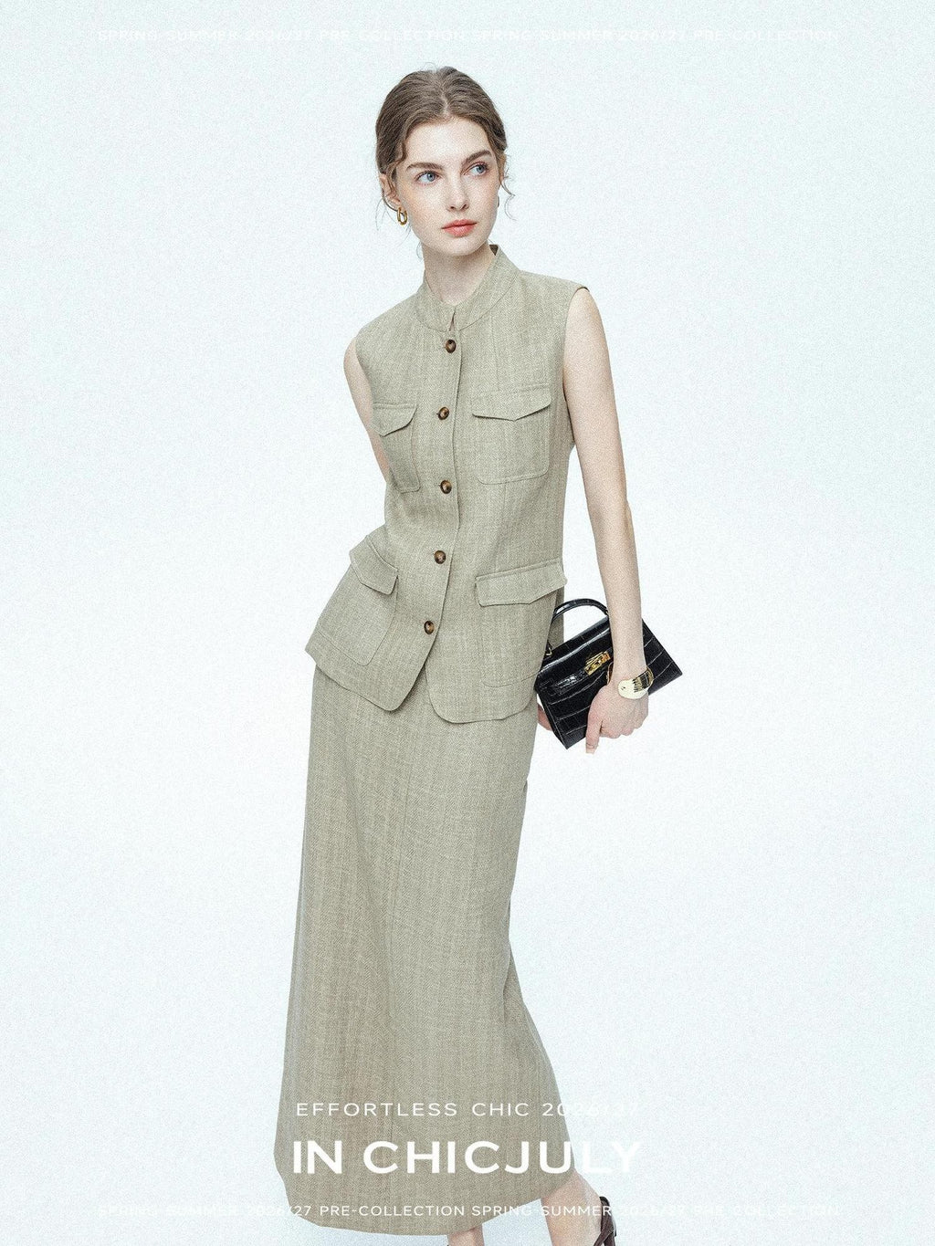 chicjuly Old Money Stand Collar Vest High Waist Skirt Women's Brown Skirt Suits