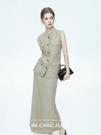 chicjuly Old Money Stand Collar Vest High Waist Skirt Women's Brown Skirt Suits