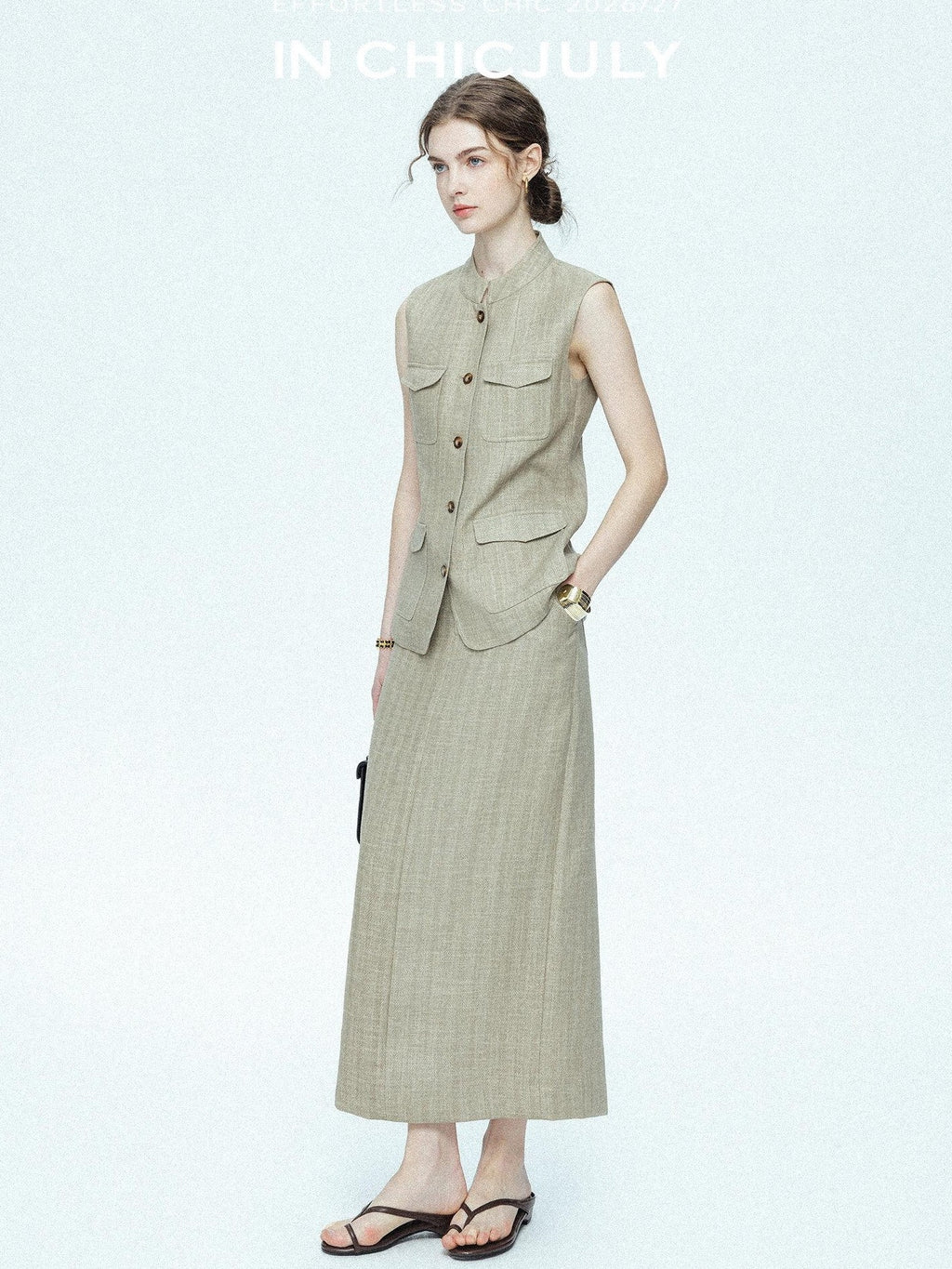chicjuly Old Money Stand Collar Vest High Waist Skirt Women's Brown Skirt Suits
