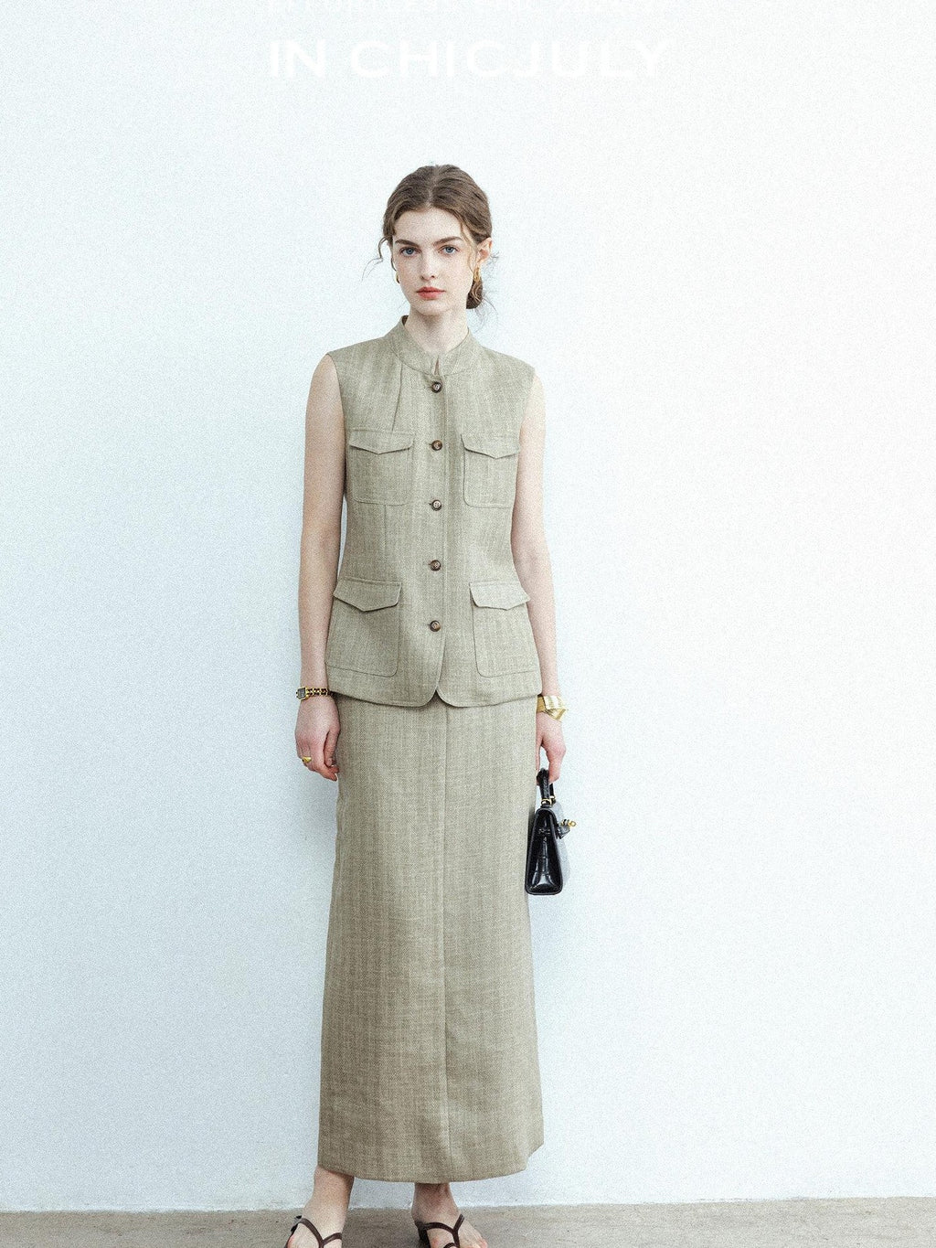 chicjuly Old Money Stand Collar Vest High Waist Skirt Women's Brown Skirt Suits