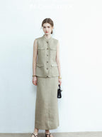 chicjuly Old Money Stand Collar Vest High Waist Skirt Women's Brown Skirt Suits