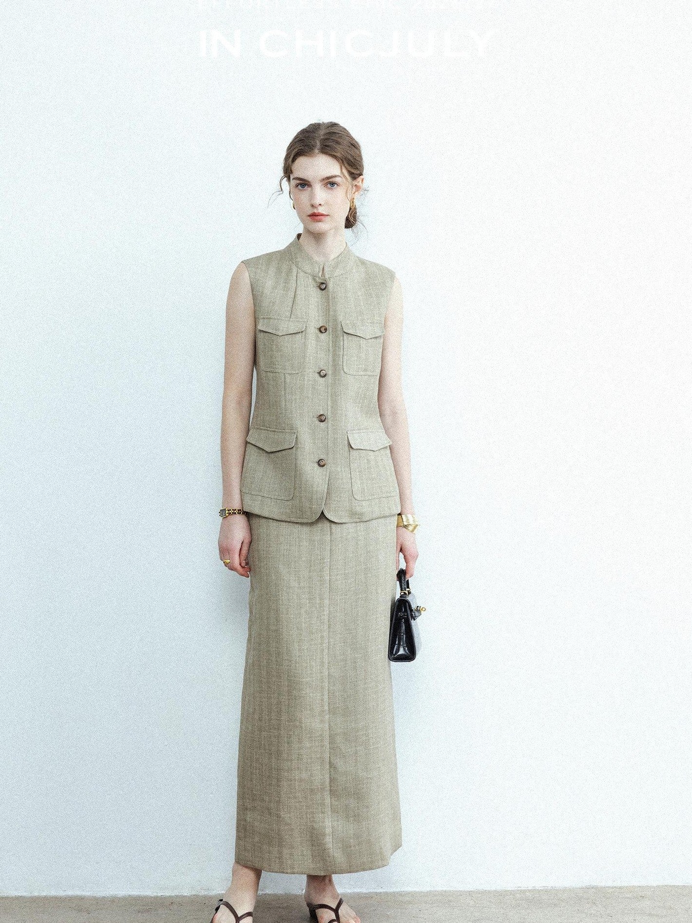 chicjuly Old Money Stand Collar Vest High Waist Skirt Women's Brown Skirt Suits