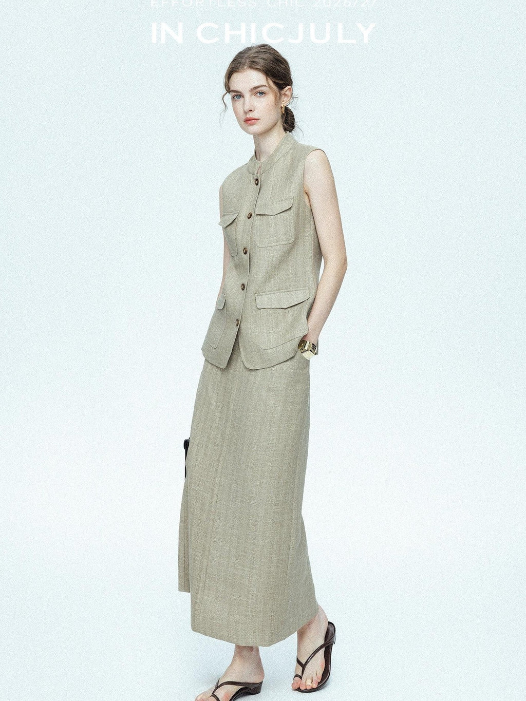chicjuly Old Money Stand Collar Vest High Waist Skirt Women's Brown Skirt Suits