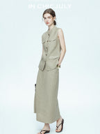 chicjuly Old Money Stand Collar Vest High Waist Skirt Women's Brown Skirt Suits