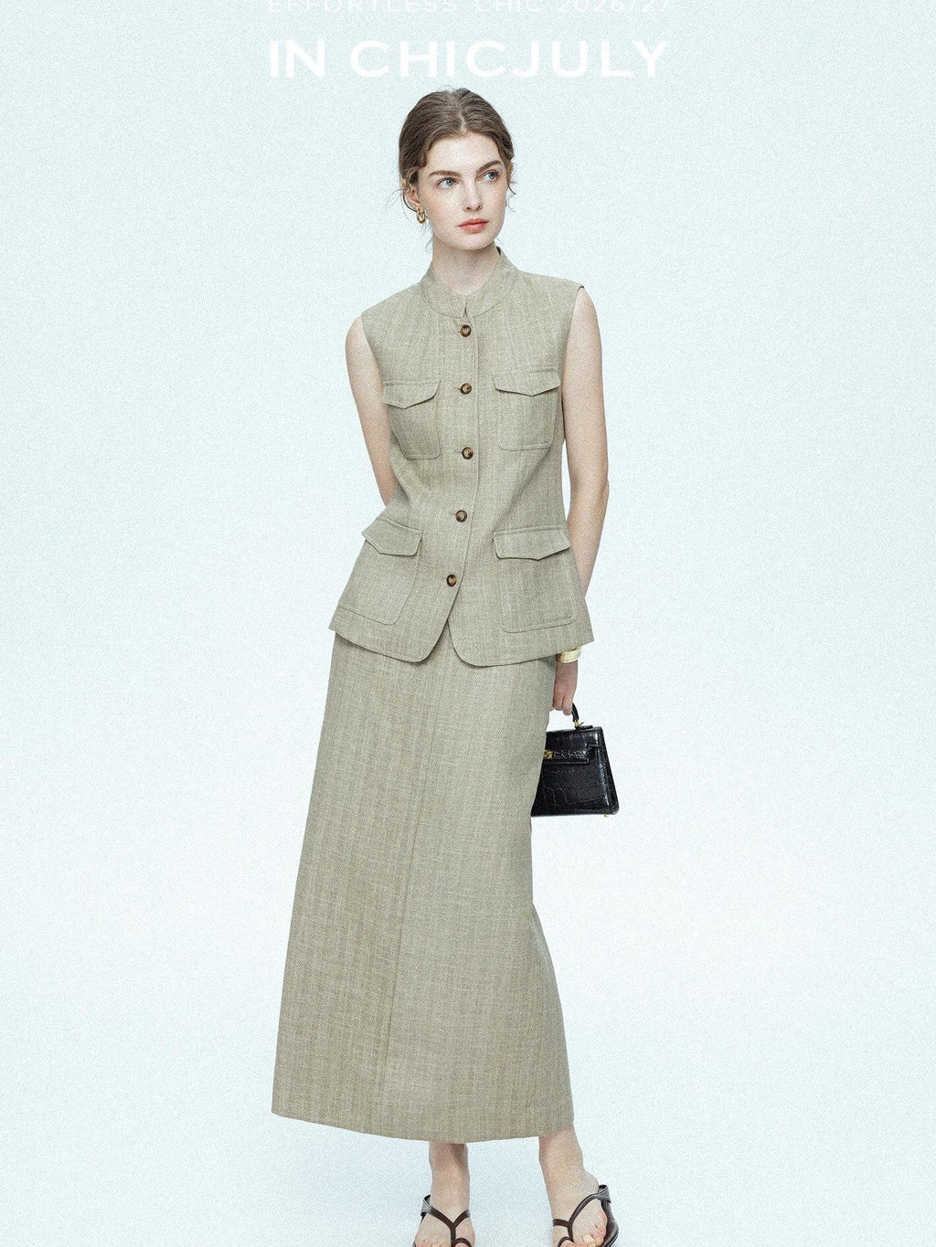 chicjuly Old Money Stand Collar Vest High Waist Skirt Women's Brown Skirt Suits