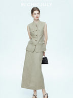 chicjuly Old Money Stand Collar Vest High Waist Skirt Women's Brown Skirt Suits