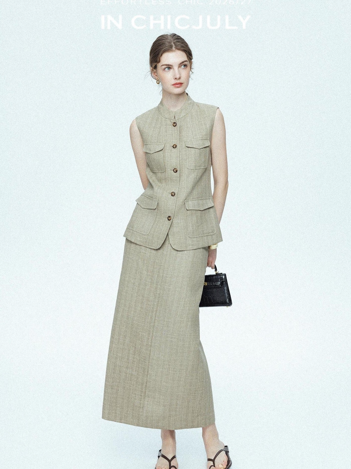 chicjuly Old Money Stand Collar Vest High Waist Skirt Women's Brown Skirt Suits