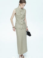 chicjuly Old Money Stand Collar Vest High Waist Skirt Women's Brown Skirt Suits