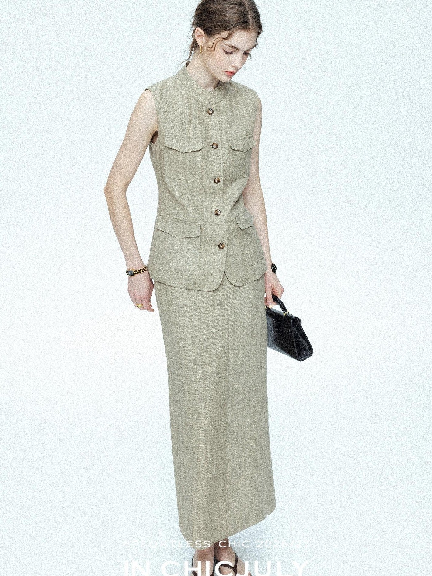 chicjuly Old Money Stand Collar Vest High Waist Skirt Women's Brown Skirt Suits