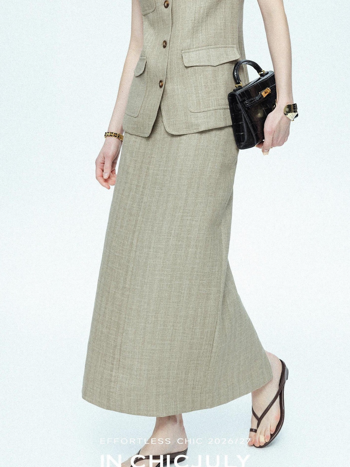 chicjuly Old Money Stand Collar Vest High Waist Skirt Women's Brown Skirt Suits