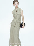 chicjuly Old Money Stand Collar Vest High Waist Skirt Women's Brown Skirt Suits