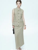 chicjuly Old Money Stand Collar Vest High Waist Skirt Women's Brown Skirt Suits