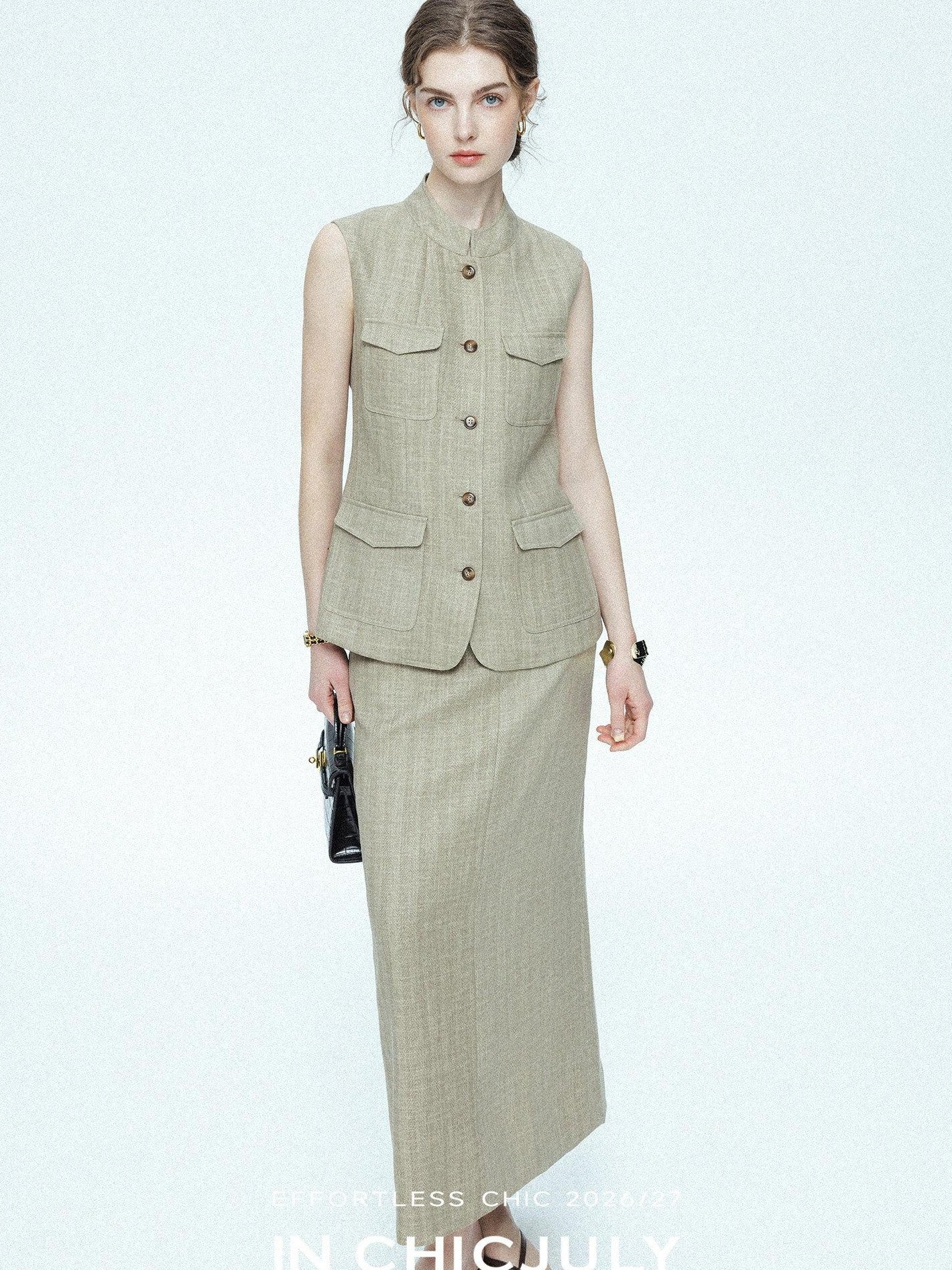 chicjuly Old Money Stand Collar Vest High Waist Skirt Women's Brown Skirt Suits