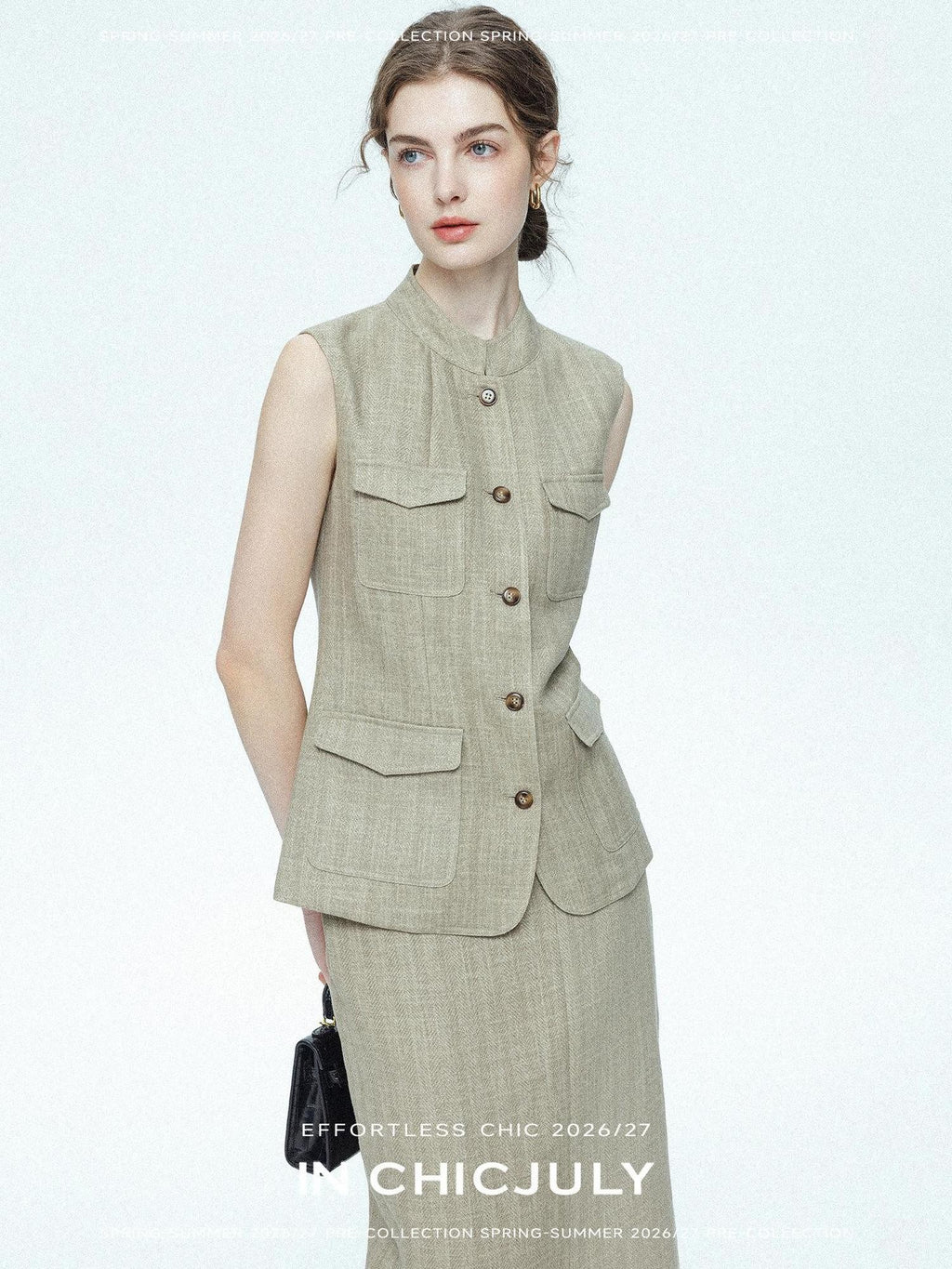 chicjuly Old Money Stand Collar Vest High Waist Skirt Women's Brown Skirt Suits