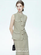 chicjuly Old Money Stand Collar Vest High Waist Skirt Women's Brown Skirt Suits