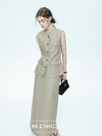 chicjuly Old Money Stand Collar Vest High Waist Skirt Women's Brown Skirt Suits